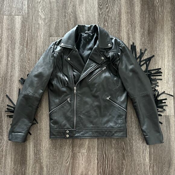 EUC ASOS‎ 100% Real Leather Fringe Moto Jacket Sz Small Black Western Boho Biker - Picture 1 of 16